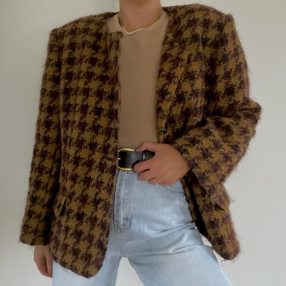 Vintage Plum & Ochre Wool Houndstooth Coat - Picture 1 of 7